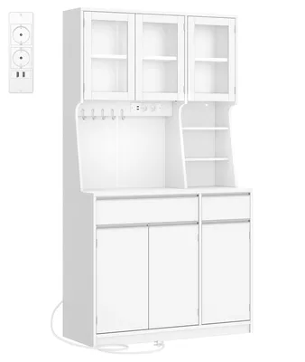 Image de Armoire de cuisine et buffet - Buffet avec prises électriques et éclairage LED - Plan de travail - 2 tiroirs - Étagères réglables - Blanc
