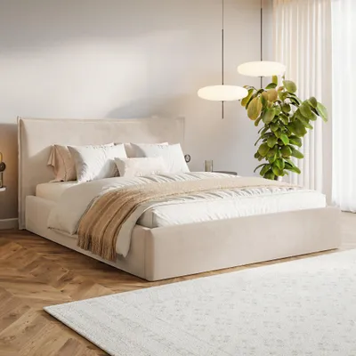 Produktbild von MOTIVENA Leno Polsterbett 180x200 mit Bettkasten, Holz Lattenrost, Bett 180x200 Beige Samt (Amor 04)