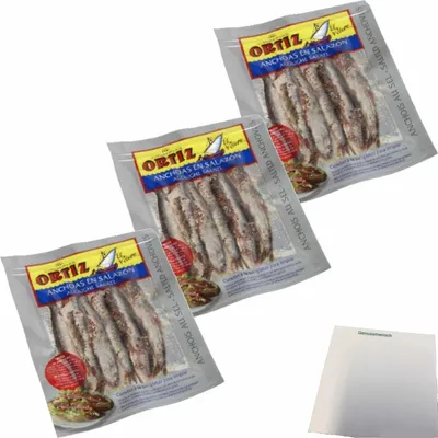 Produktbild von Conservas Ortiz Anchoas En Salazon, gesalzene Sardellen 3er Pack (3x100g Beutel) + usy Block