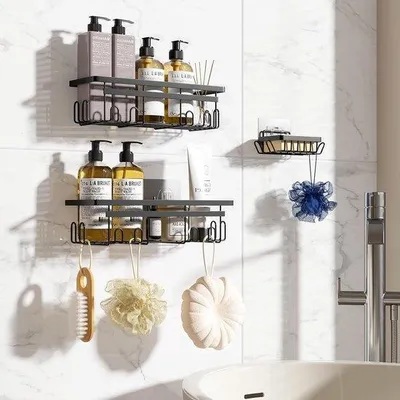 Produktbild von Famanu Duschregal mit Seifenschale, Set von 3, ohne Bohren, rostfrei, mit Haken, Badezimmeraccessoires, schwarz
