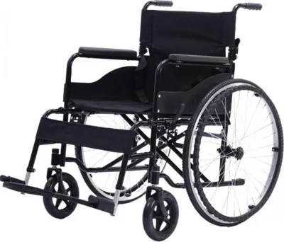 A black wheelchair is shown against a white background.