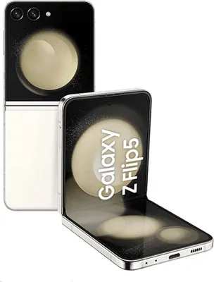A Samsung Galaxy Z Flip5 phone is shown in both closed and open positions against a white background. The open phone displays marketing text.