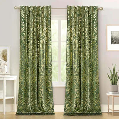 Productafbeelding van Elzusha - Fluweel Gordijnen met Bladprint Goudfolie - Set van 2 - 132x244 cm Groen