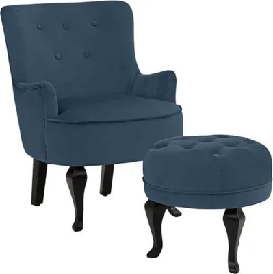 A blue armchair and ottoman set against a white background.