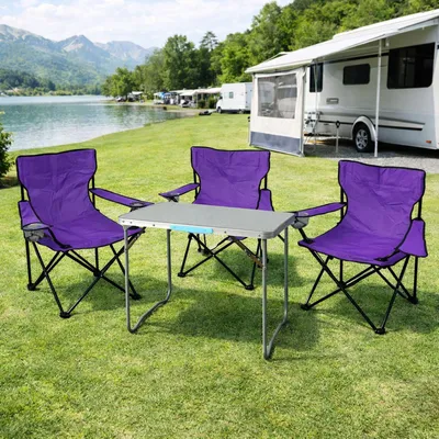 4-tlg. lila Campingmöbel Set, XL Tisch m. Tragegriff und Campingstuhl mit Tasche