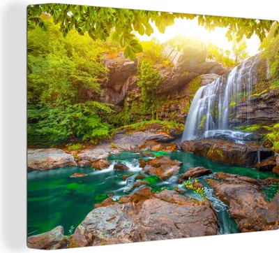 Produktbild von MuchoWow® - Leinwandbilder - Natur - Wasserfall - Pflanzen - Bäume - Sonne, Wandbild, Wanddeko Bilder Wohnzimmer, 40x30 cm