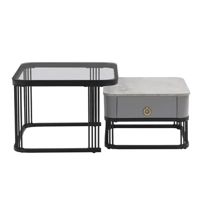 Produktbild von MERAX Couchtisch Set Marmoroptik mit Schublade Beistelltisch hochglanz, Satztisch mit Glasplatte, Wohnzimmertisch, Grau