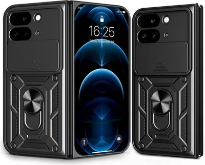 A black protective case for a foldable phone is shown, with the phone's screen displaying the time and date.