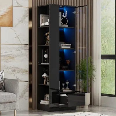 Produktbild von MODFU Vitrine mit Glastür & LED, Hochglanz-Schrank 50 × 35 × 160 cm,Glasvitrine Schwarz mit Schublade und offenen Fächern, Standvitrine für Wohnzimmer