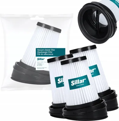 A group of vacuum cleaner filters are displayed on a white background, with one filter in a plastic bag and another filter shown separately.