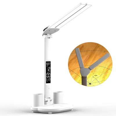 Produktbild von 7W LED Schreibtischlampe Kinder, Dimmbare Akku Schreibtischleuchte Kabellos mit Uhr/Stifthalter/LCD Display/Kalender/Temperatur, 3 Lichtfarben 3200mAh