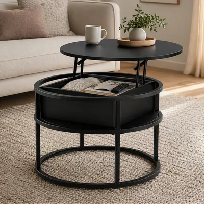 Produktbild von Home Collective Couchtisch Beistelltisch Ø 60 cm höhenverstellbar mit Stauraum Wohnzimmertisch modern | Wohnzimmer Möbel Couch Tisch Sofa | stabiles Metallgestell mit integriertem Fach | Schwarz