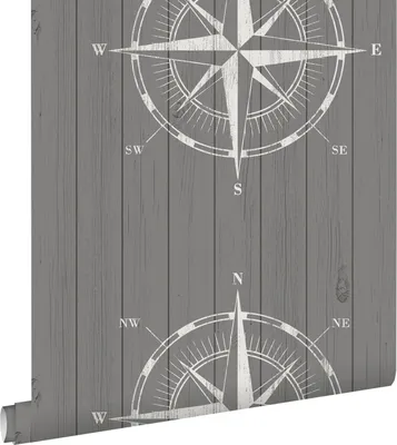 Productafbeelding van ESTAhome behang kompasroos op sloophout wit en grijs 53 cm x 10.05 m