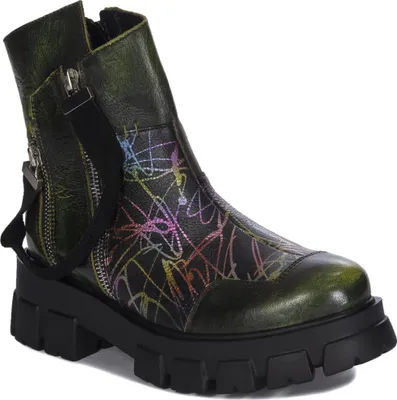 Produktbild von Damen Stiefeletten aus Naturleder Grün mit buntem Muster, dekorativem Doppelreißverschluss und isoliertem Futter