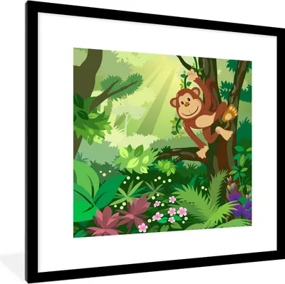 Produktbild von MuchoWow® MuchoWow® Gerahmtes Poster Affe - Dschungel - Jungen - Mädchen - Blumen - Kinder 40x40 cm - Poster mit zchwarzem Bilderrahmen - Poster - Plakat im Rahmen
