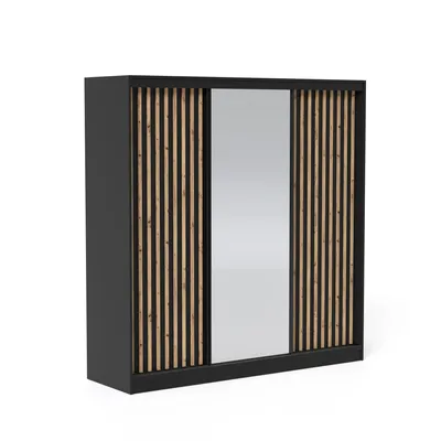 Produktbild von Schwebetürenschrank VELLO 200 cm mit Spiegel Schwarz Eiche Artisan Schiebetürenschrank mit Lamellen 3-türig Schrank
