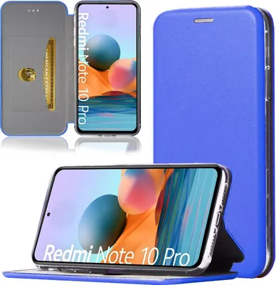 A collage of images showing a blue flip case for a smartphone, with the phone inside and a card slot visible.
