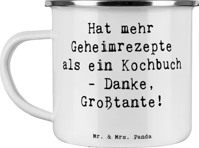Produktbild von Mr. & Mrs. Panda Emaille Tasse Spruch Geheimrezepte Großtante - Weiß - Geschenk, Weihnachtsfest, Lebenserfahrung, Outdoor Becher, erweiterte Familie, Freude, Weihnachten