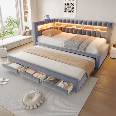 Image de Canapé-lit rembourré Merax, 90x190 cm, avec éclairage LED, convertible en lit avec tiroirs de rangement, canapé de jour avec port de charge USB-C, revêtement en velours, couleur gris