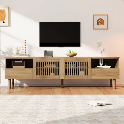Produktbild von MODFU TV-Lowboard 180 × 40 × 51 cm, TV-Schrank mit 2 Gittertüren, 2 Schubladen und offenen Ablagefächern,Fernsehbank für 55–75 Zoll, MDF, Natur