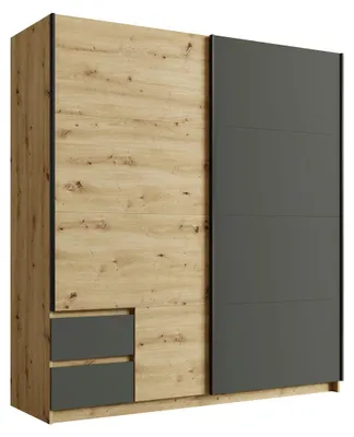 Image de Armoire à portes coulissantes Uriel 180 x 59 x 198 cm, 2 portes, gris graphite / chêne Artisan