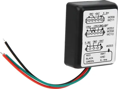 A black electronic module with wires and a label showing connection diagrams and wire colors.