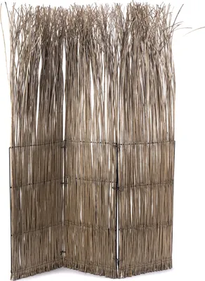 A three-panel room divider made of natural reeds or branches, attached to a metal frame.