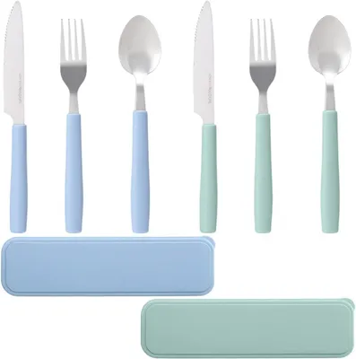 Image de Ensemble de couverts de camping en acier inoxydable, 6 pièces, comprenant des couverts multifonctions réutilisables, avec boîte de rangement, idéal pour le camping
