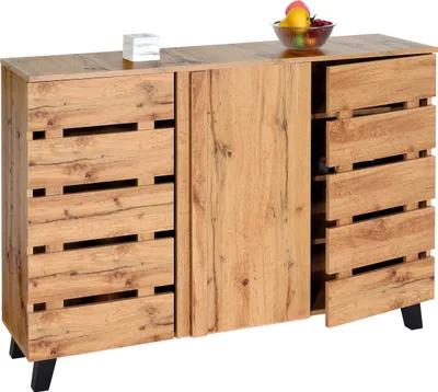 A wooden sideboard with multiple drawers and compartments, displayed against a white background.