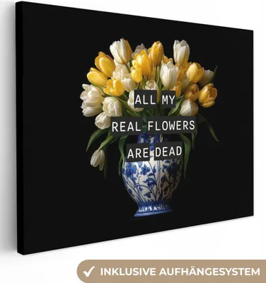 Produktbild von Leinwand Bilder 40x30 cm - Blumen - Tulpen - Gelb - Zitat, Wandbilder, Wanddeko Wohnzimmer, Bild