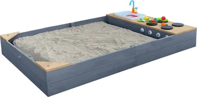 Produktbild von AXI Kelly Sandkasten aus Holz mit Sitzecken & Spielküche inklusive Spüle | Sandkasten für Kinder , grau & Braun | 180 x 115 cm