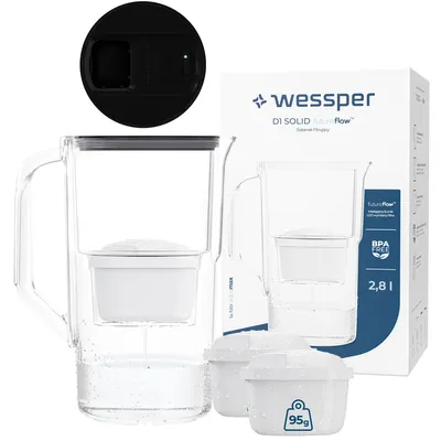 Produktbild von Wessper D1 SOLID FutureFlow™ Wasserfilterkanne 2,8 l Schwarz mit LED-Anzeige und 3x aquamax Filterkartusche