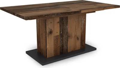 A rustic-style dining table with a wooden top and a wooden pedestal base on a dark rectangular base.
