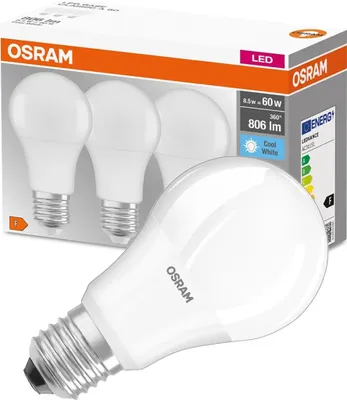 Obrázok produktu pre OSRAM HOMELIGHTING 4058075127531 LED (monochrome) EEC F (A - G) E-27 Pear shape 8.5 W = 60 W Neutral white (Ø x L) 60 mm x 113 mm 3 pc(s)