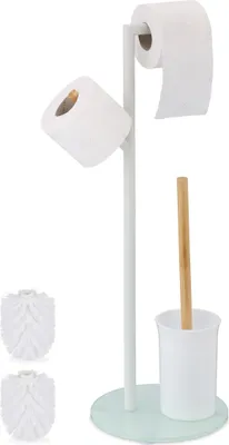 Produktbild von Relaxdays WC Garnitur, HBT: 64x27x22 cm, stehender Toilettenpapierhalter, Klobürste mit Bürstenhalter, Edelstahl, weiß