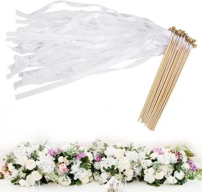 Produktbild von 12 Stück Hochzeitswedel mit Kugeln und Hochzeitsbanden, schöne Schleifen mit Holzstangen für Hochzeiten