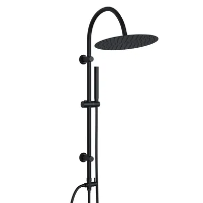A black shower system with a round shower head and a handheld shower wand, presented against a white background.