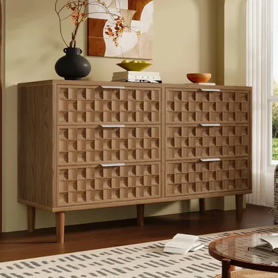 Image de Commode Flieks avec 6 tiroirs, meuble de rangement pour salon avec poignées en métal, buffet multifonctionnel imitation chêne, dimensions : 120 x 37 x 77 cm, finition chêne