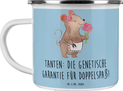 Produktbild von Mr. & Mrs. Panda Pott Tanten Doppelspaß - Blau Pastell - Geschenk, becher emaille, Spaß, Tasse, Reisebecher, Motivtasse, Familienmitglieder, Nichte, Geschenke, Freude