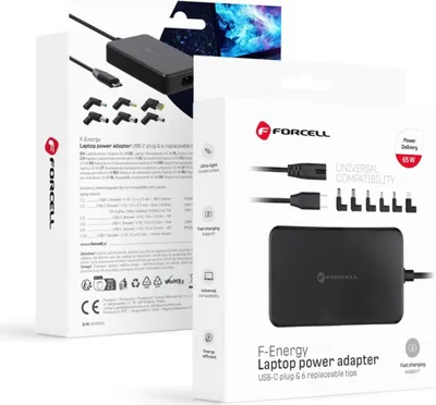 Produktbild von Forcell, USB-C PD 65W Notebook Ladegerät mit 6 DC-Adaptern, Schwarz