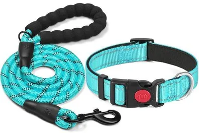 Imagen del producto de Ibenzoa® Collar reflectante y transpirable para perros, con forro de neopreno suave, fabricado en nylon, ajustable (24,1–59,7 cm), con anilla metálica en forma de "D", hebilla de plástico, e incluye una correa de 1,5 metros