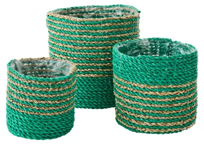 Produktbild von J-Line Set Von 3 Übertopf Gestreift Raffia Dunkelgrün/Naturell