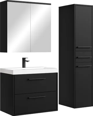 Image de Meuble de salle de bains complet Florence 60 x 35 cm noir mat - meuble de salle de bains avec lavabo, miroir et armoire de salle de bains