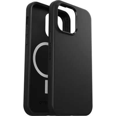 A black iPhone case is shown from the side, with the inside of the case visible.