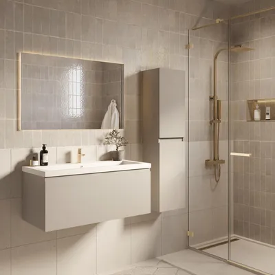 Produktbild von LOMAZOO Badmöbelset SORRENTO 100 cm - Mit Hochschrank - Greige - Waschbecken Weiß