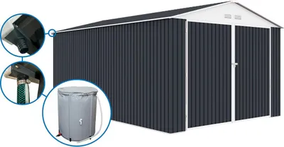 Produktbild von Metallgarage "Houston" - 15,36 m² mit Dachrinne und Wasserauffangbehälter - Anthrazit