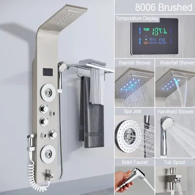 Produktbild von Linuode LED-Licht Duscharmatur Badezimmer SPA Massage Jet Duschsäulensystem Wasserfall Regen Duschpaneel Bidet Sprayer Tap,8006 Gebürstet A