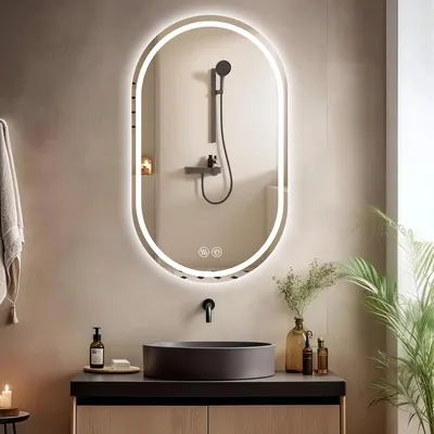 Produktbild von Ovaler LED Badezimmerspiegel 60×90 cm – rahmenlos, dimmbar, Anti-Beschlag, Touchscreen, Wandmontage, Smart Mirror