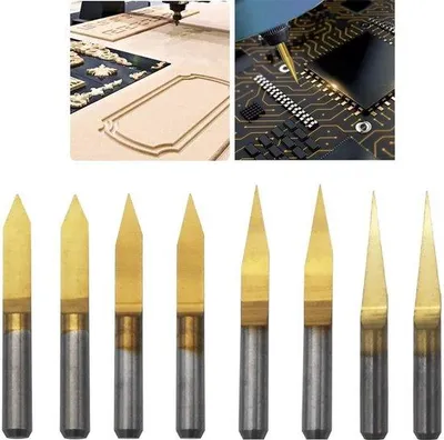 Produktbild von Multimaterial PCB-Gravier-Set mit einem 3,175 mm langen CNC-Bohrer Bit-Set, 0,1 mm scharf, 8-teilig, 4x 10°, 2x 20°, 2x 30°, 2x 45°