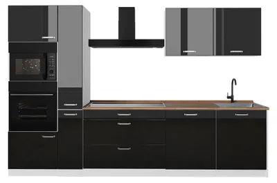 Produktbild von Küchenzeile Vicco R-Line Schwarz Hochglanz/Weiß 310 cm Arbeitsplatte Goldkraft Eiche, Model 66458